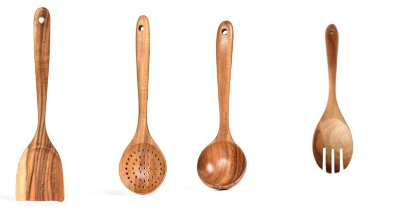 Set d'ustensiles de cuisine en teck naturel : cuillère, louche, spatule, écumoire, passoire à riz, outils pratiques - IVOIRART.COM