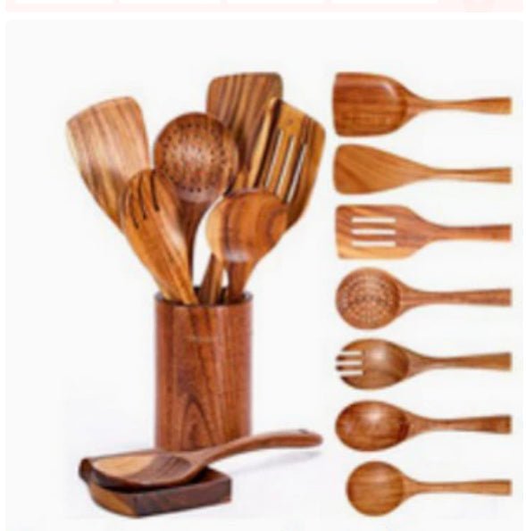 Set d'ustensiles de cuisine en teck naturel : cuillère, louche, spatule, écumoire, passoire à riz, outils pratiques - IVOIRART.COM