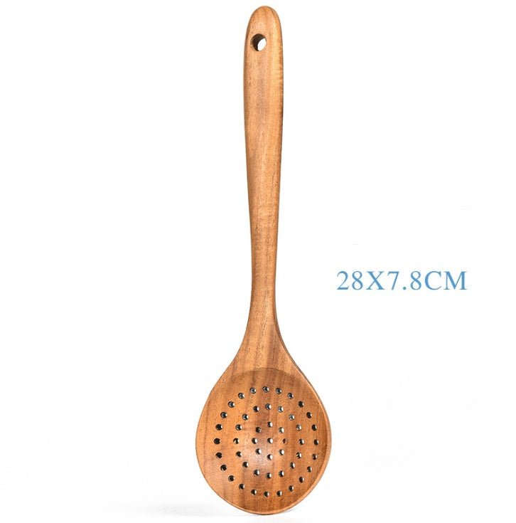 Set d'ustensiles de cuisine en teck naturel : cuillère, louche, spatule, écumoire, passoire à riz, outils pratiques - IVOIRART.COM