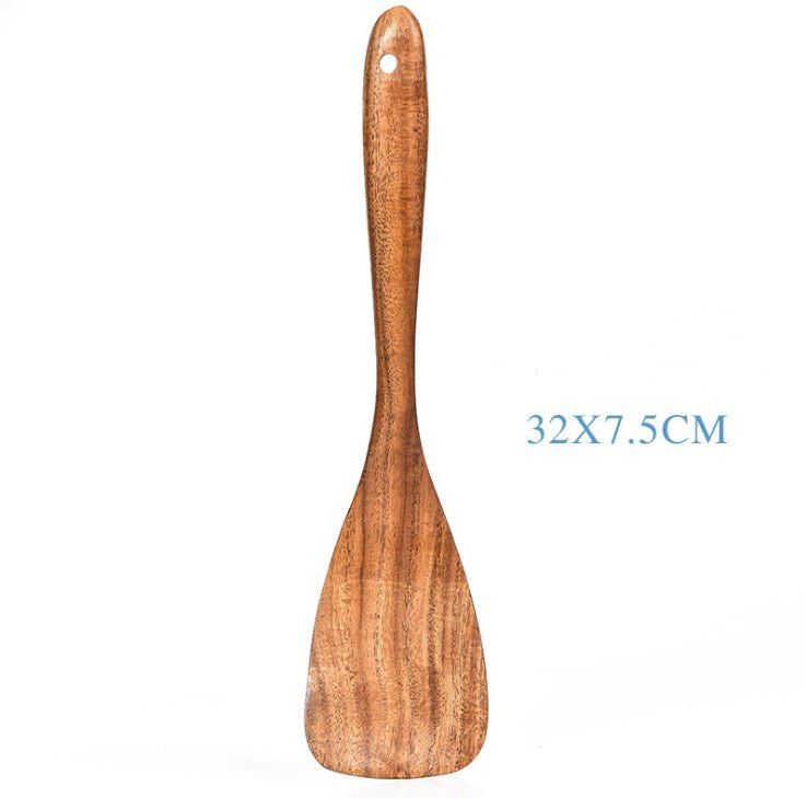 Set d'ustensiles de cuisine en teck naturel : cuillère, louche, spatule, écumoire, passoire à riz, outils pratiques - IVOIRART.COM