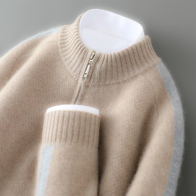 Sheep Wool Sweater Half-height Zip Round Neck Knitted Sweater - IVOIRART.COM