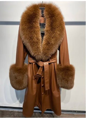 Slim-fit Leather Sheepskin Fox Fur Coat - IVOIRART.COM
