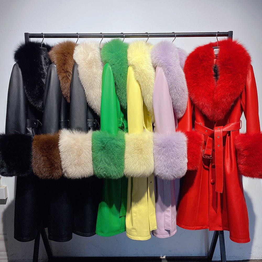Slim-fit Leather Sheepskin Fox Fur Coat - IVOIRART.COM