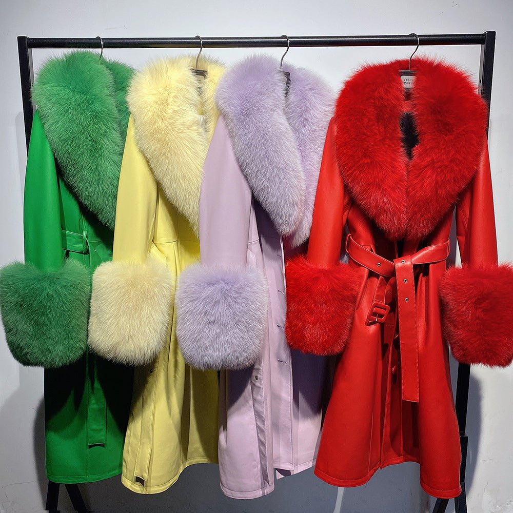 Slim-fit Leather Sheepskin Fox Fur Coat - IVOIRART.COM
