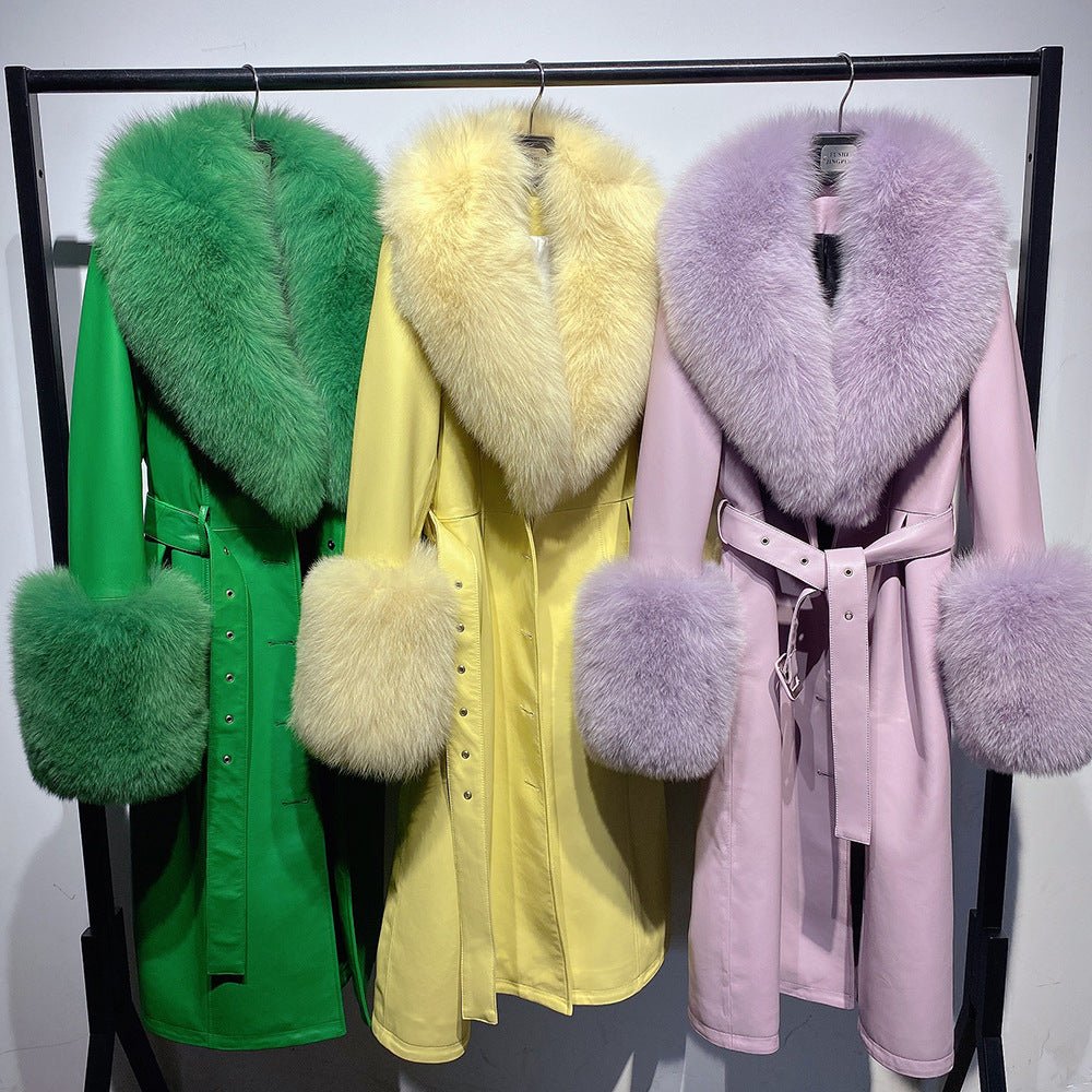 Slim-fit Leather Sheepskin Fox Fur Coat - IVOIRART.COM