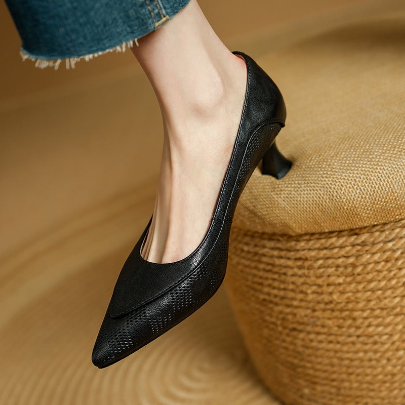 Soft Sheepskin Pointed Toe Stiletto Low-cut Shoes Women's Leather Shoes - IVOIRART.COM