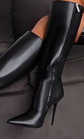 Solid Color Cow Grain Side Zipper Pointed Toe Stiletto Knee High Boots - IVOIRART.COM