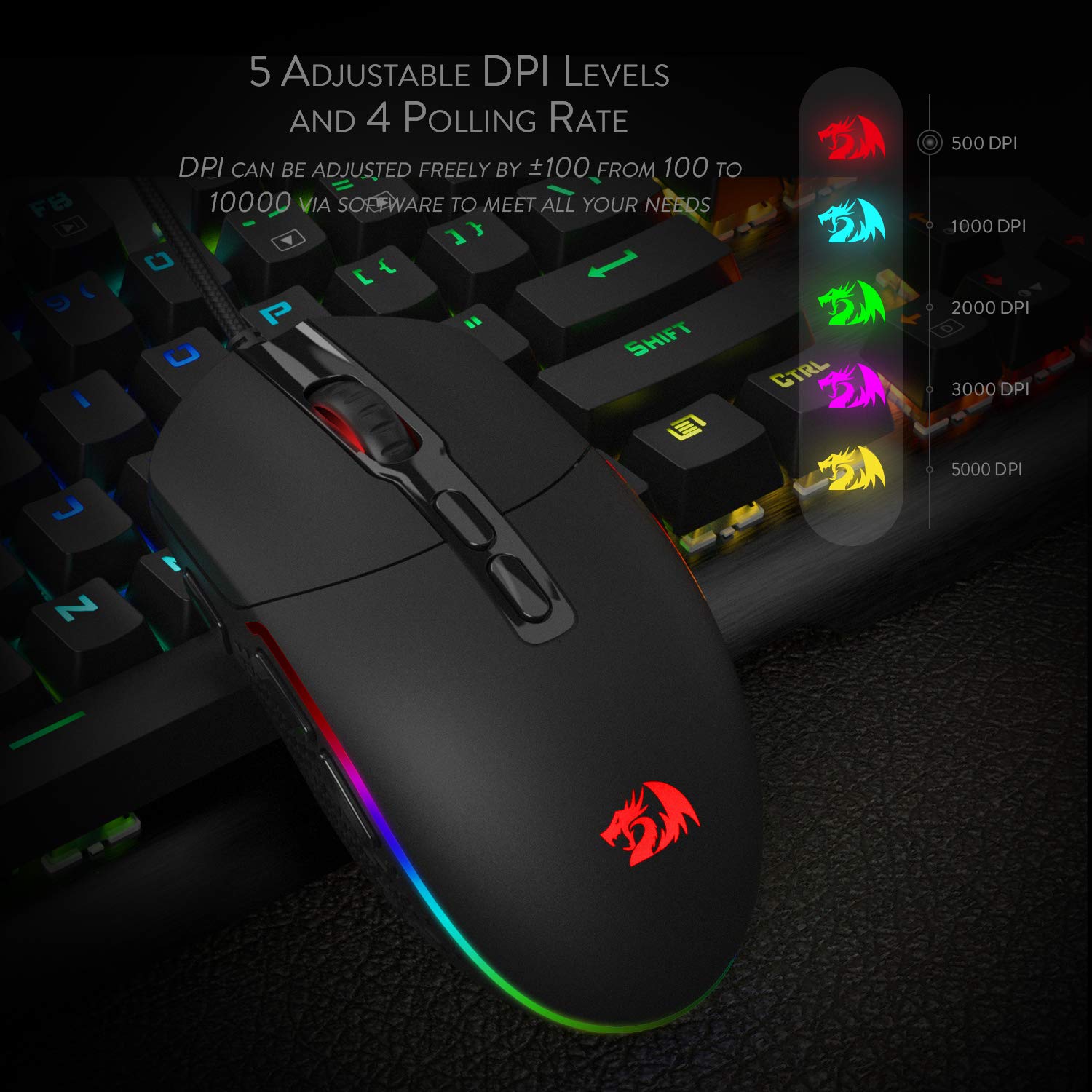Souris de jeu filaire ergonomique noire avec 9 boutons, 5000 dpi et câble USB de 1,8 m - IVOIRART.COM