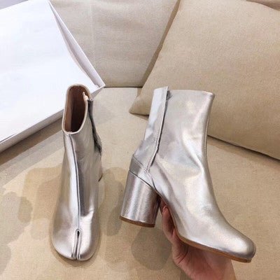 Split Toe Boots Women's Horseshoe High Heel Ankle Boots Pig Mid-leg Boots - IVOIRART.COM