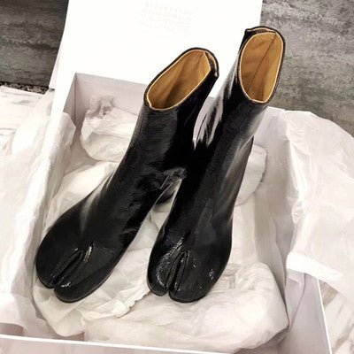 Split Toe Boots Women's Horseshoe High Heel Ankle Boots Pig Mid-leg Boots - IVOIRART.COM