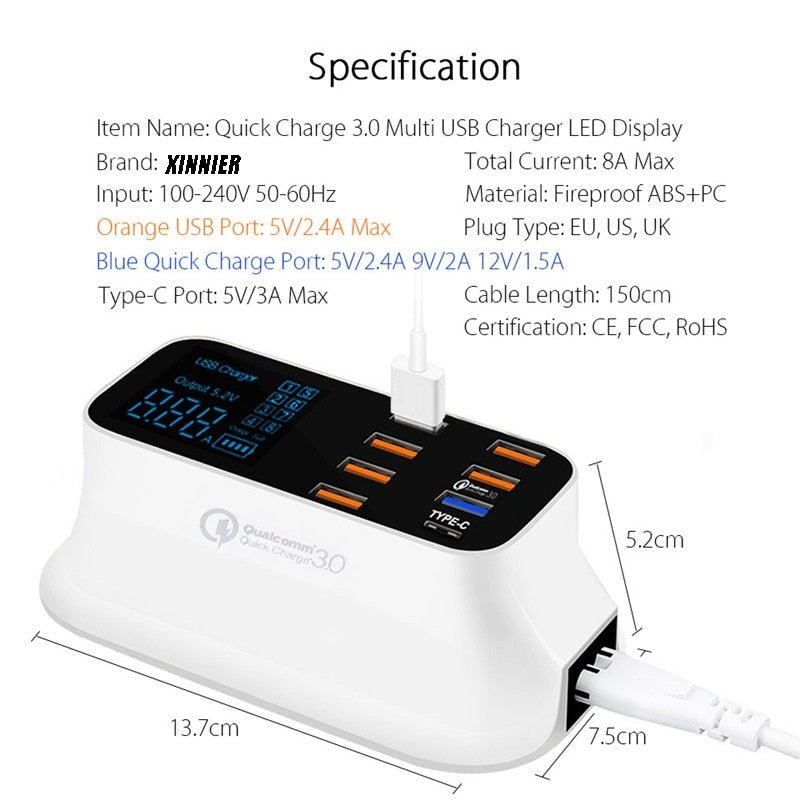 Station de Charge USB Intelligente 8 Ports avec Quick Charge 3.0 et Écran LED - IVOIRART.COM