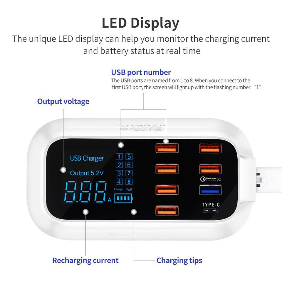Station de Charge USB Intelligente 8 Ports avec Quick Charge 3.0 et Écran LED - IVOIRART.COM
