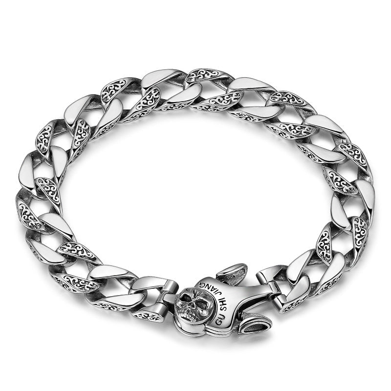 Sterling Silver Ornament Men's Trendy Rotating Skull Retro Fashion Tang Grass Pattern Bracelet - IVOIRART.COM