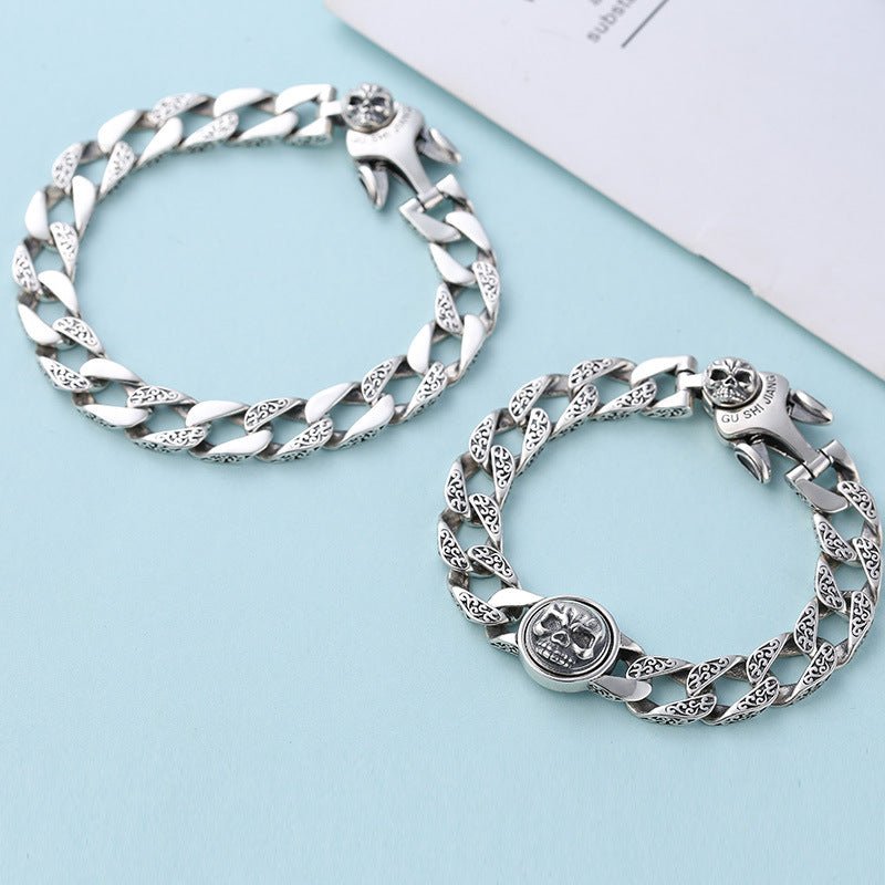 Sterling Silver Ornament Men's Trendy Rotating Skull Retro Fashion Tang Grass Pattern Bracelet - IVOIRART.COM