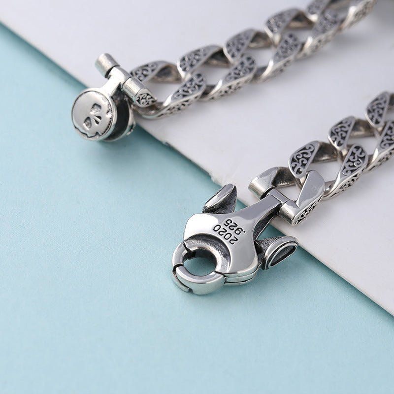 Sterling Silver Ornament Men's Trendy Rotating Skull Retro Fashion Tang Grass Pattern Bracelet - IVOIRART.COM