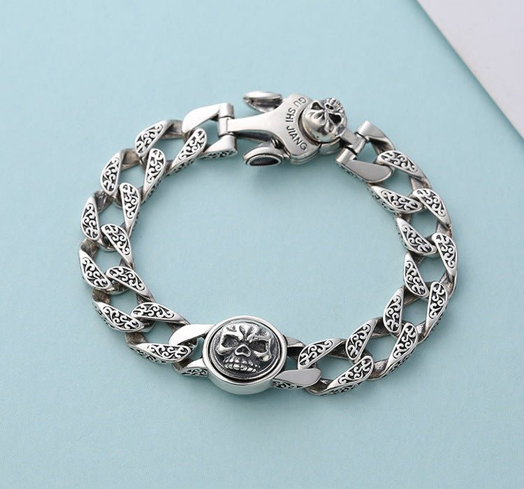 Sterling Silver Ornament Men's Trendy Rotating Skull Retro Fashion Tang Grass Pattern Bracelet - IVOIRART.COM