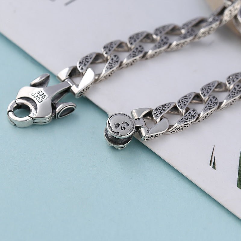 Sterling Silver Ornament Men's Trendy Rotating Skull Retro Fashion Tang Grass Pattern Bracelet - IVOIRART.COM