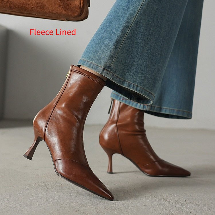 Stiletto-heeled Cowhide Pointed-toe Ankle Boots With A Back Zipper - IVOIRART.COM