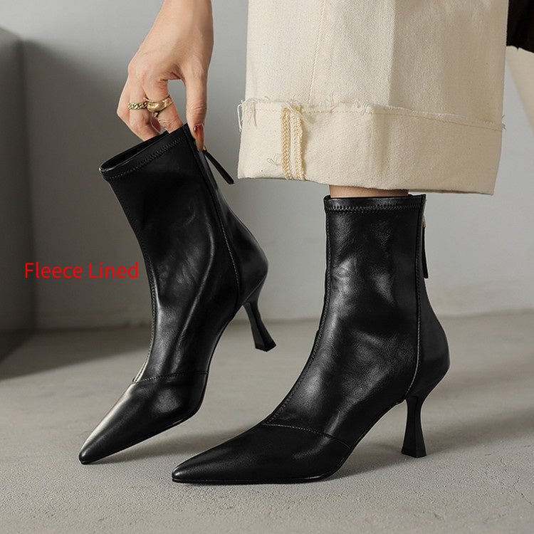 Stiletto-heeled Cowhide Pointed-toe Ankle Boots With A Back Zipper - IVOIRART.COM
