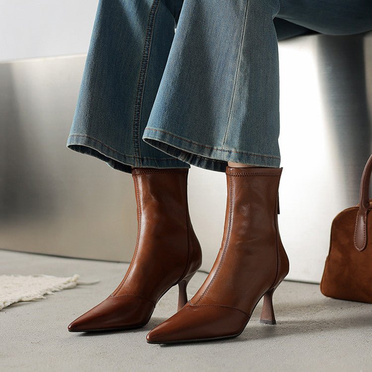 Stiletto-heeled Cowhide Pointed-toe Ankle Boots With A Back Zipper - IVOIRART.COM