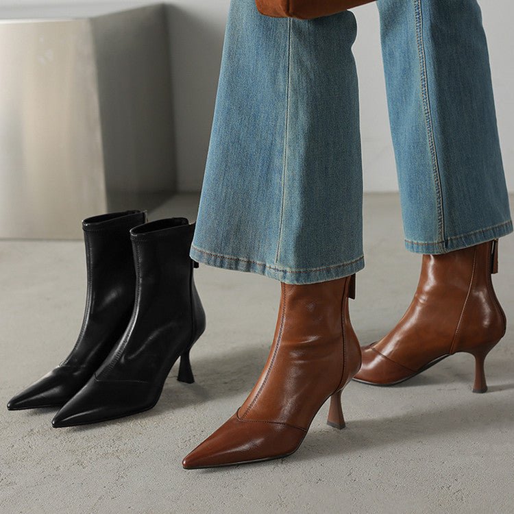 Stiletto-heeled Cowhide Pointed-toe Ankle Boots With A Back Zipper - IVOIRART.COM