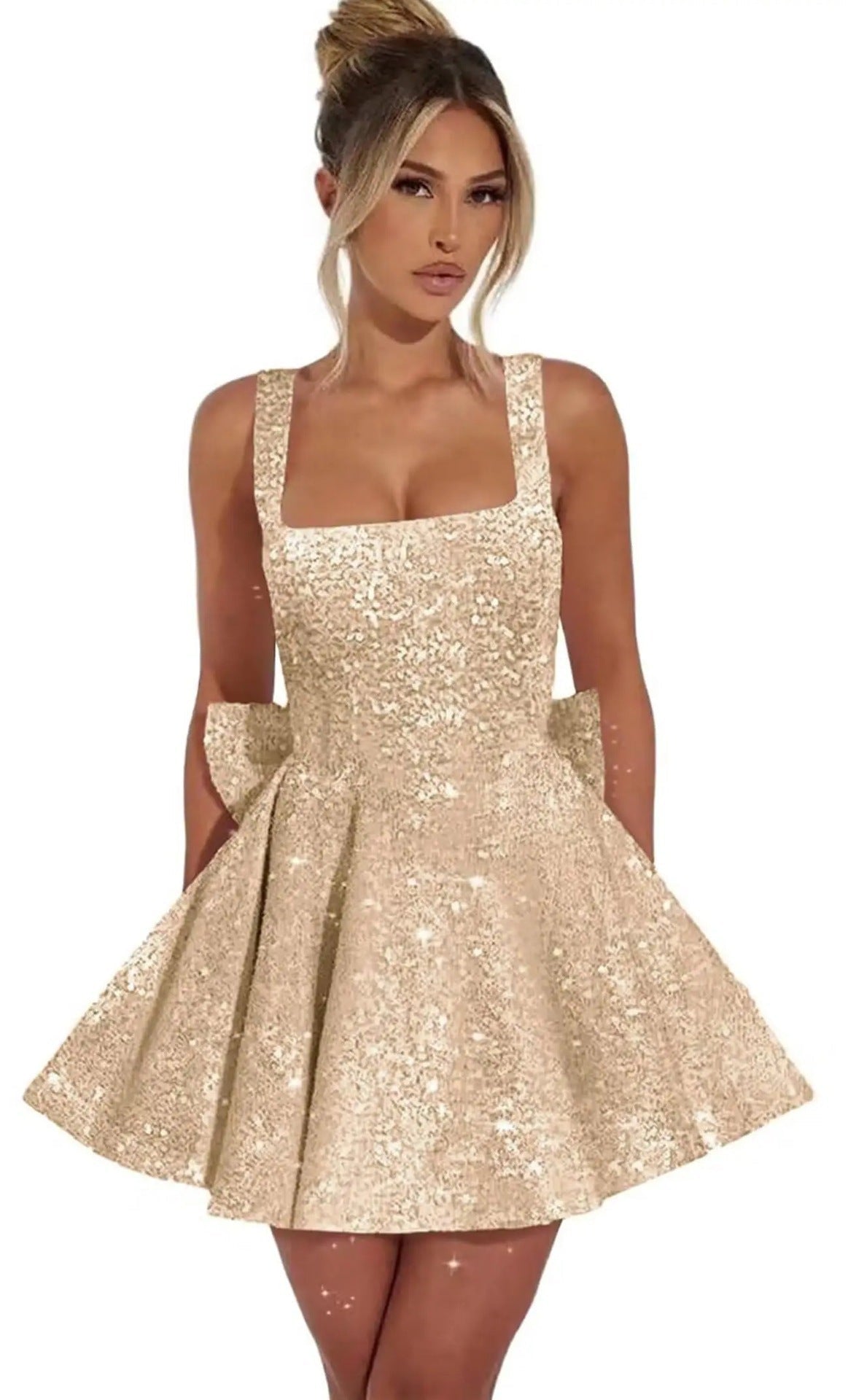 Strapless Sequined Mini Evening Dress With A Bow - IVOIRART.COM