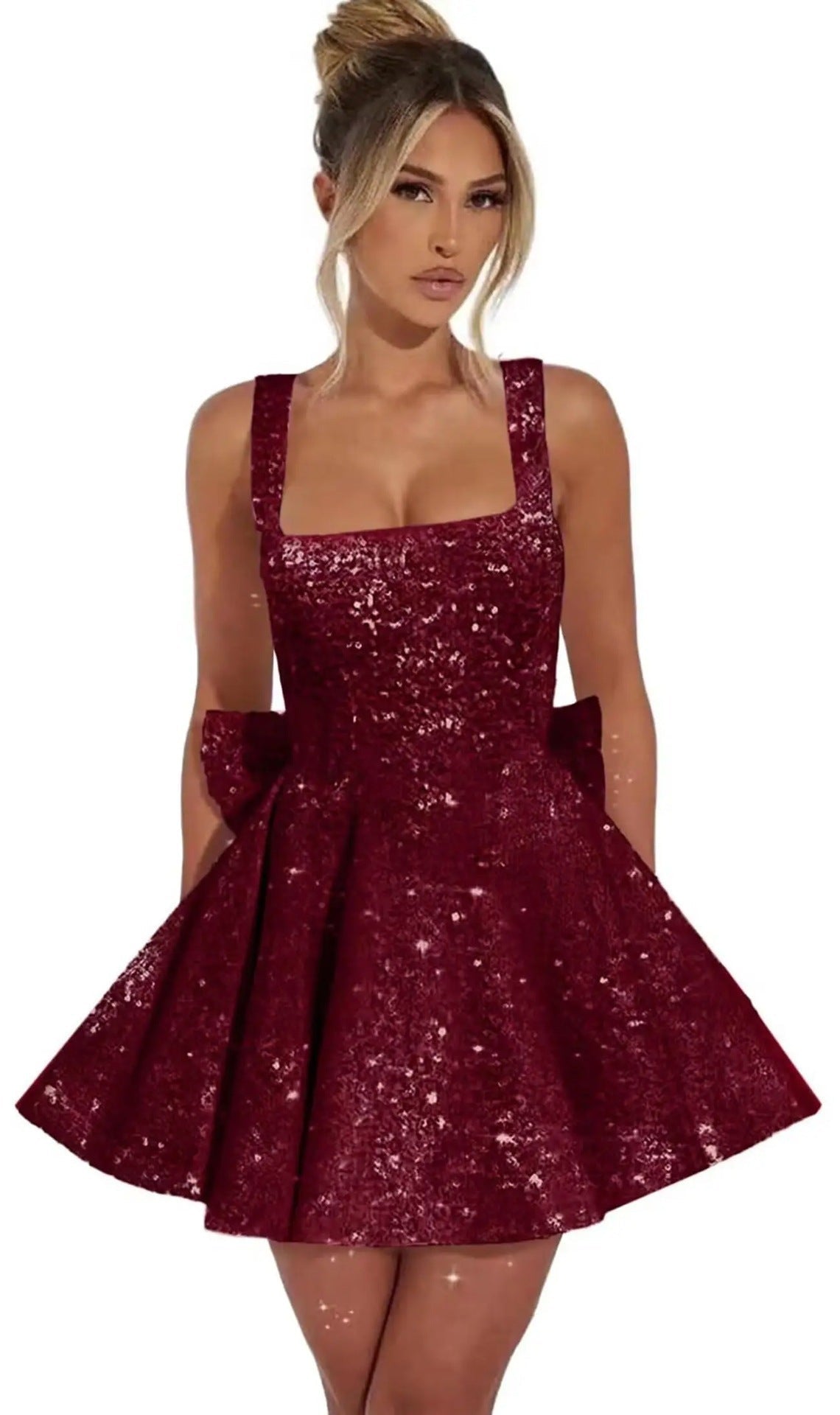 Strapless Sequined Mini Evening Dress With A Bow - IVOIRART.COM