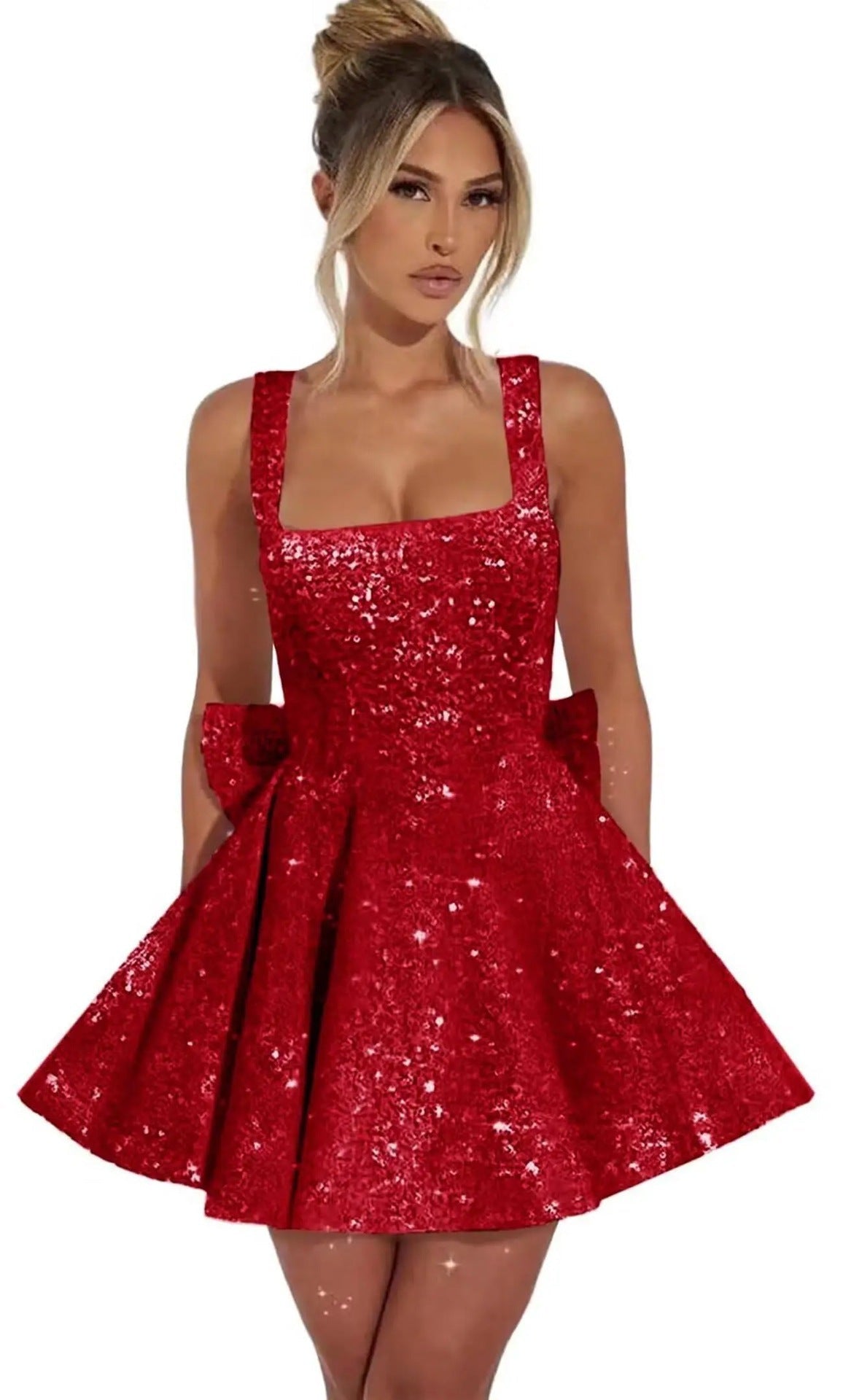 Strapless Sequined Mini Evening Dress With A Bow - IVOIRART.COM