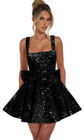 Strapless Sequined Mini Evening Dress With A Bow - IVOIRART.COM