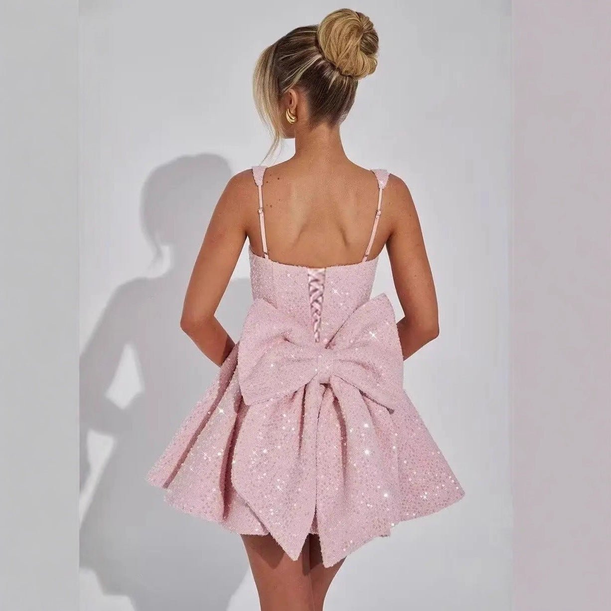 Strapless Sequined Mini Evening Dress With A Bow - IVOIRART.COM