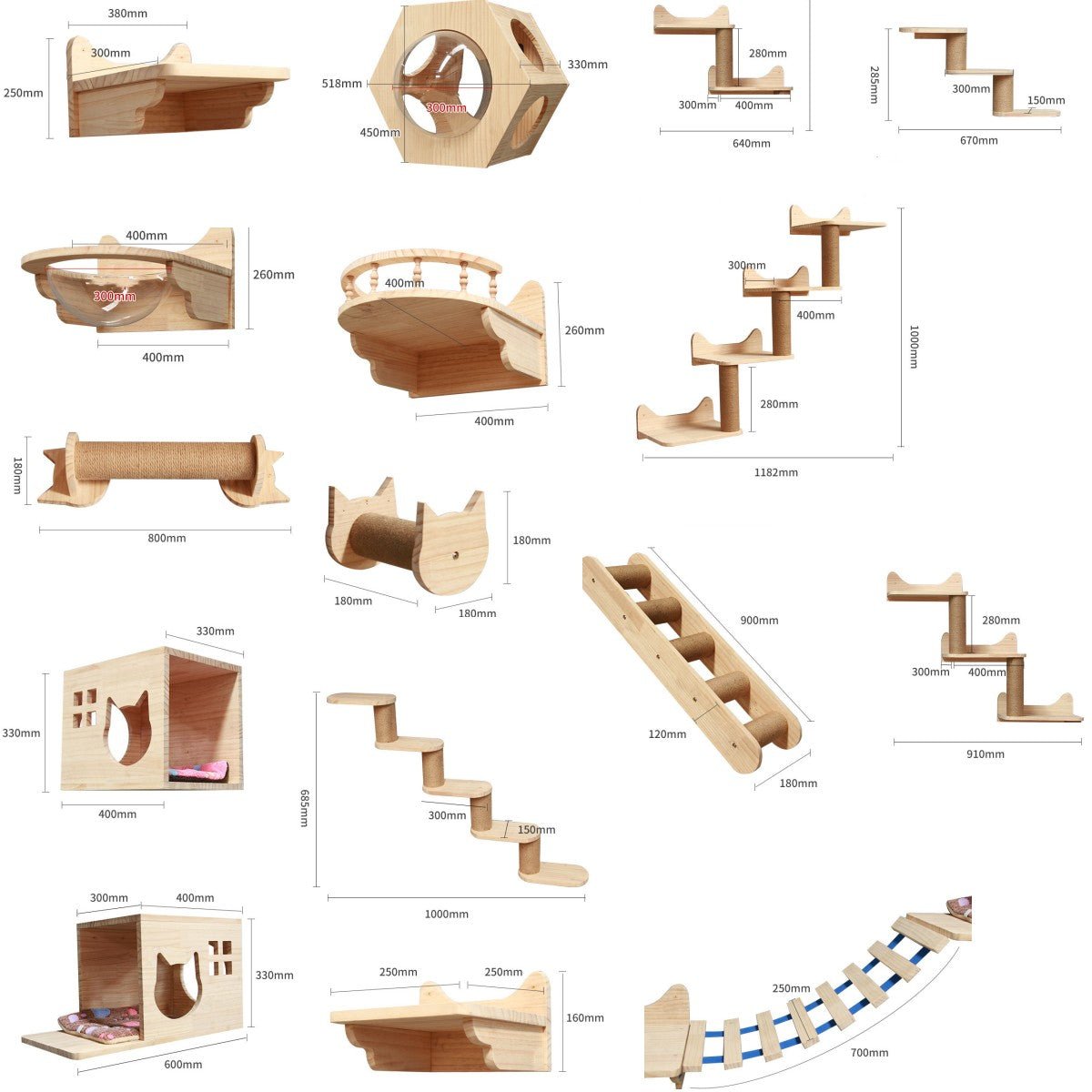 Structure d’Escalade Murale en Bois Massif pour Chat - Plateforme et Échelle Suspendues - IVOIRART.COM
