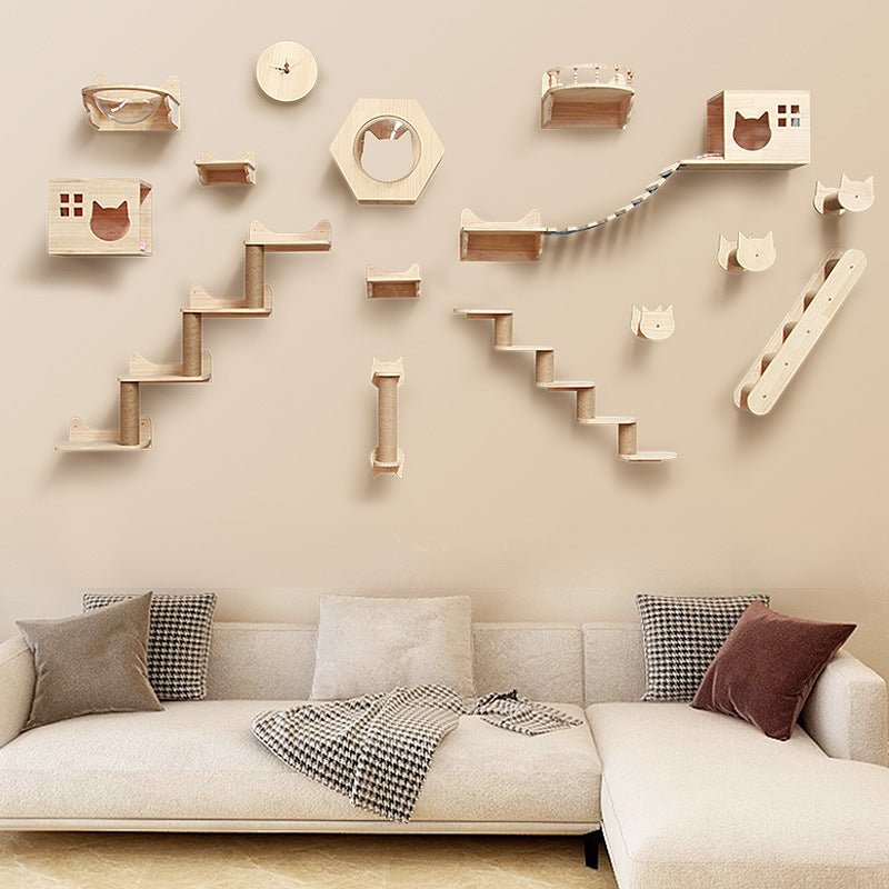Structure d’Escalade Murale en Bois Massif pour Chat - Plateforme et Échelle Suspendues - IVOIRART.COM