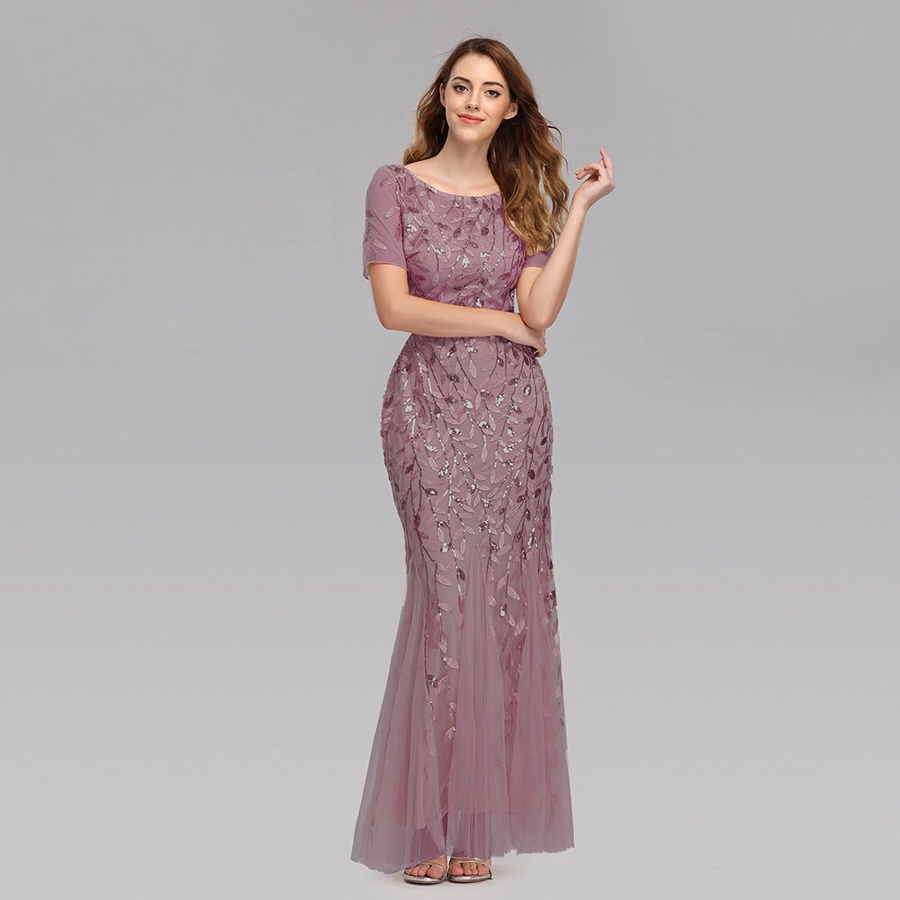 Summer And Autumn Dress European And Beautiful Women Host Sequin Evening Dress - IVOIRART.COM