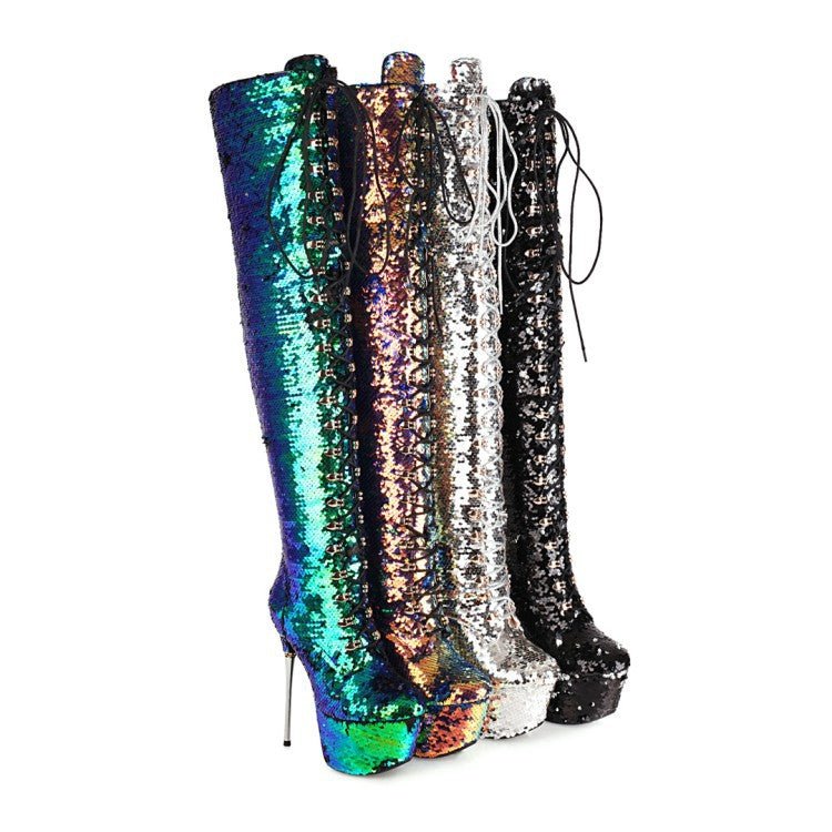 Super High Heels Stiletto Over-the-knee Boots Sequined Boots - IVOIRART.COM