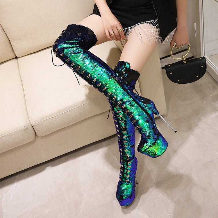 Super High Heels Stiletto Over-the-knee Boots Sequined Boots - IVOIRART.COM
