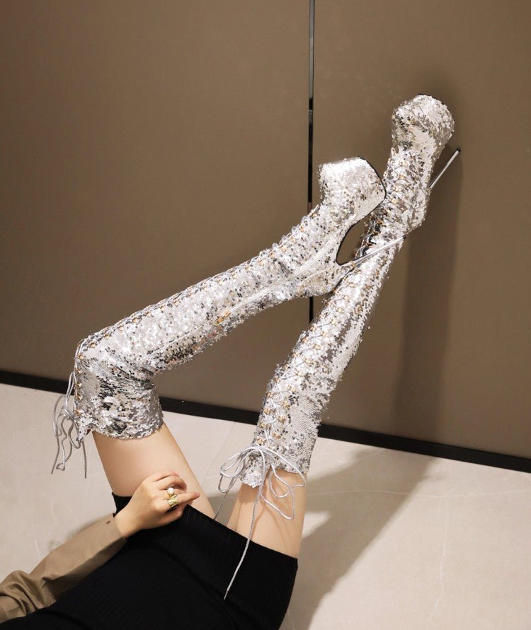 Super High Heels Stiletto Over-the-knee Boots Sequined Boots - IVOIRART.COM