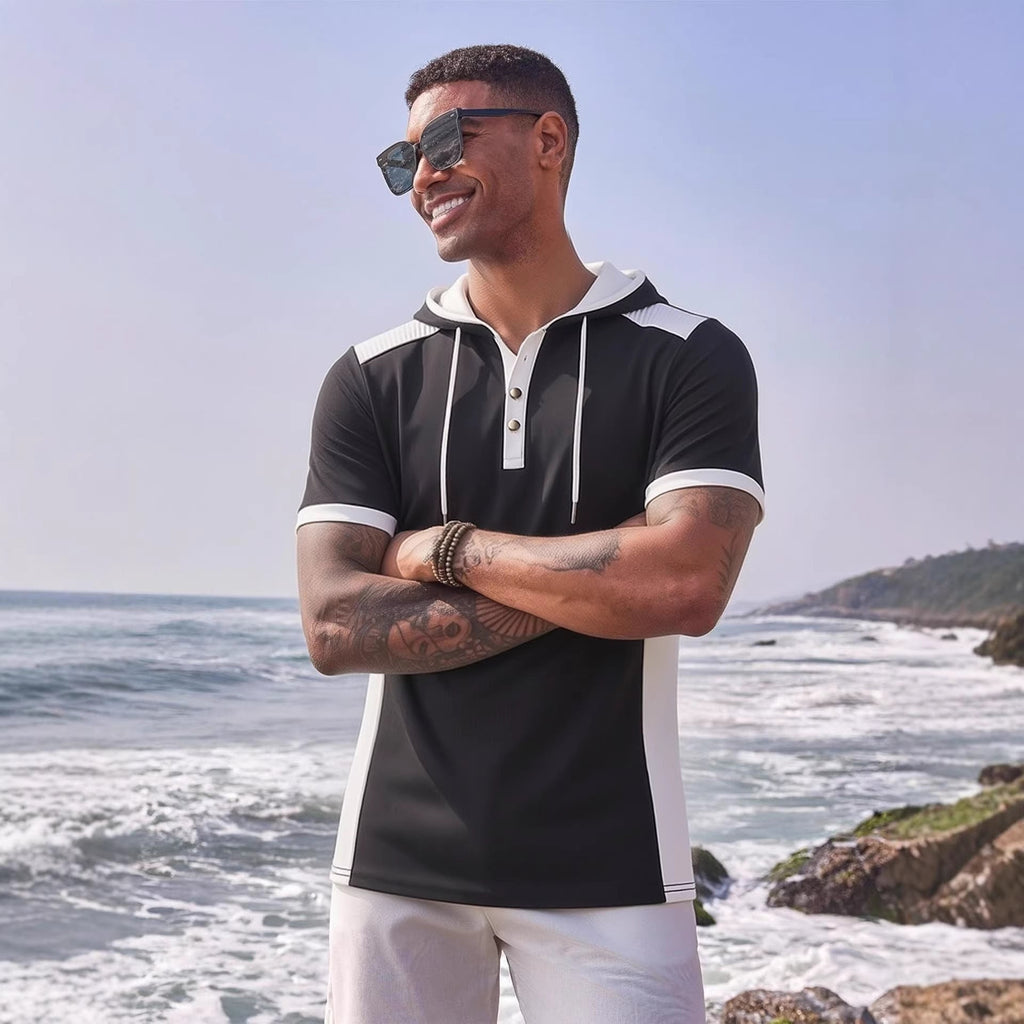 Sweat à Capuche Homme à Manches Courtes Style Sportif et Décontracté Noir Bleu Blanc - IVOIRART.COM