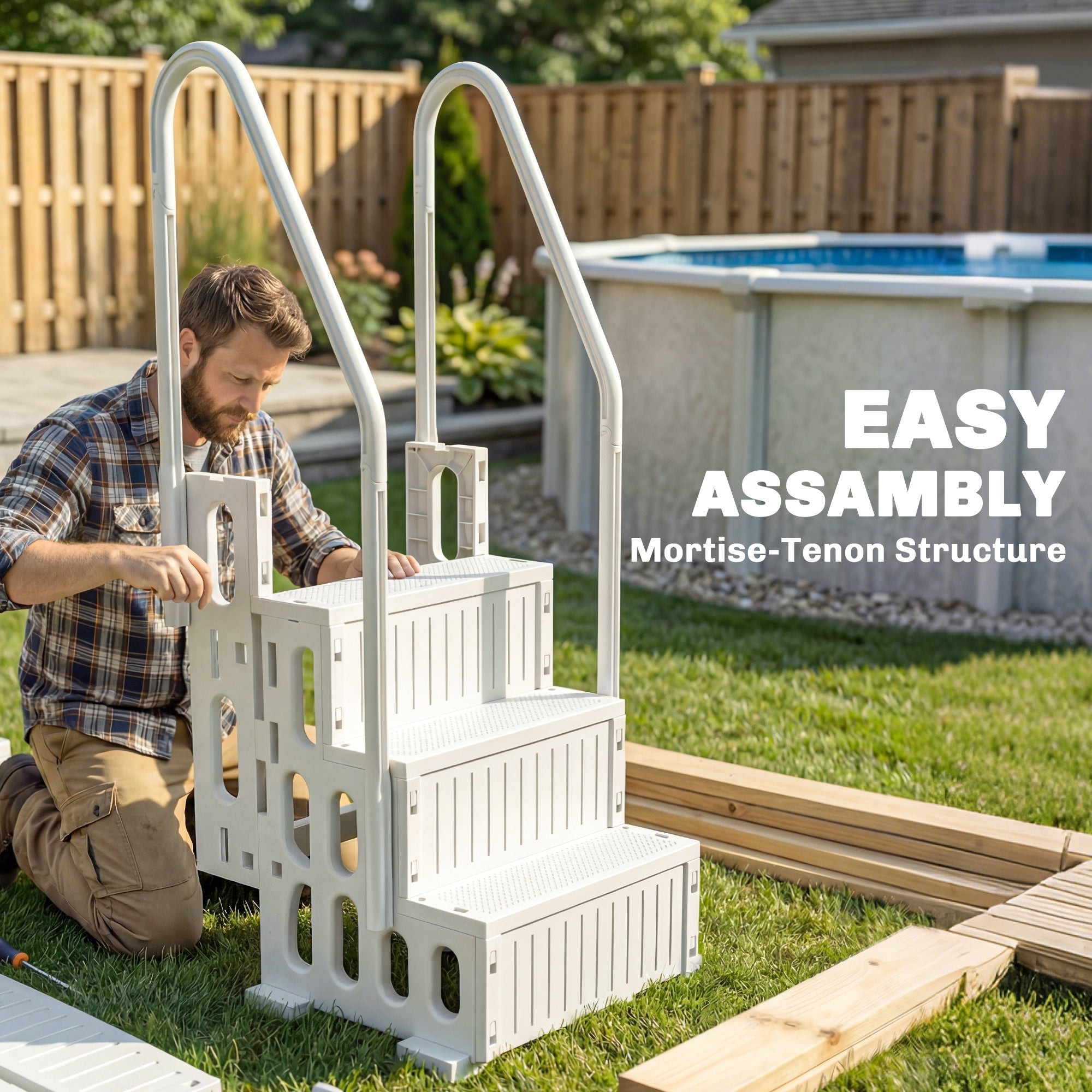 Swimming Pool Ladder Adjustable Height For Above Ground Pool Steps With Dual Handrails White - IVOIRART.COM
