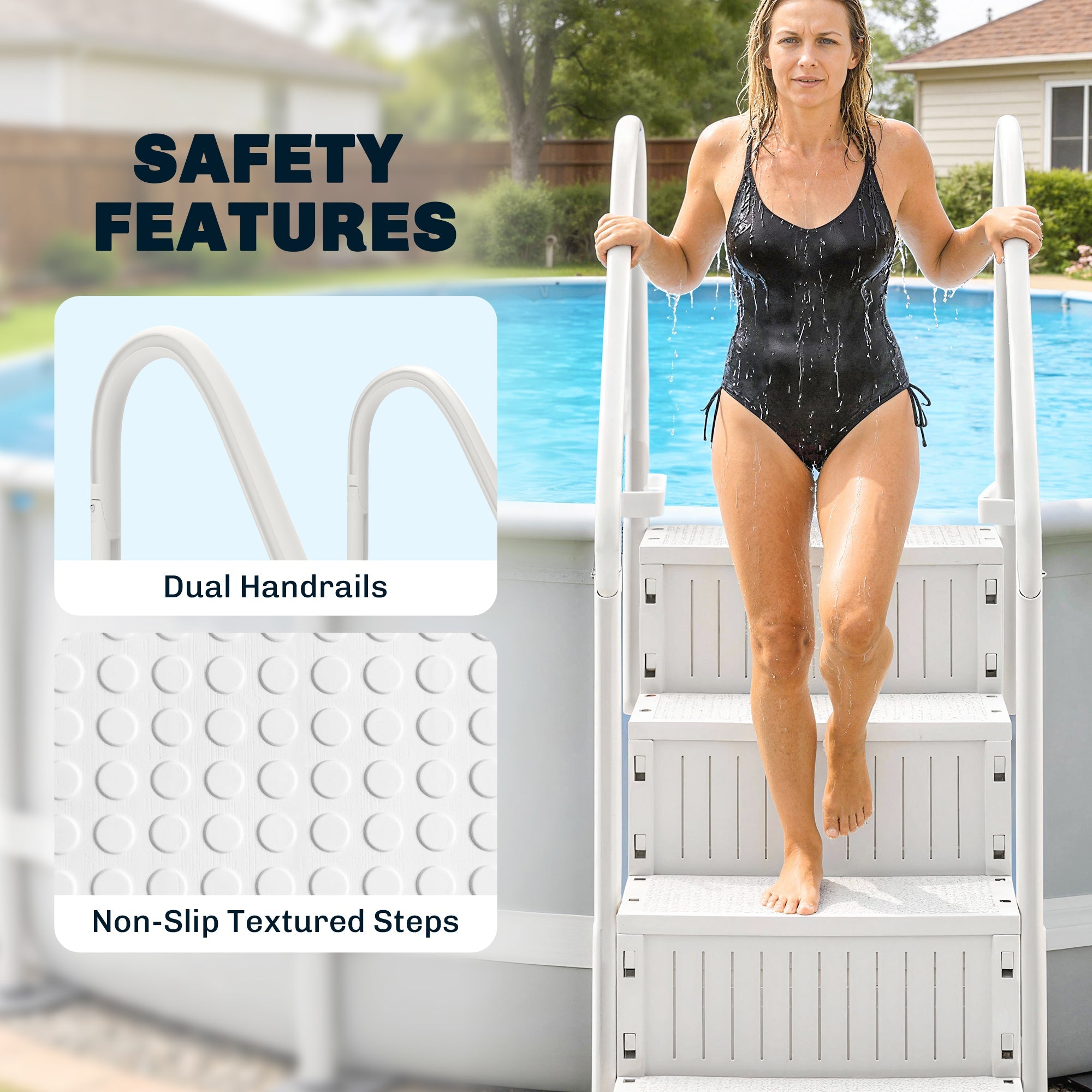 Swimming Pool Ladder Adjustable Height For Above Ground Pool Steps With Dual Handrails White - IVOIRART.COM