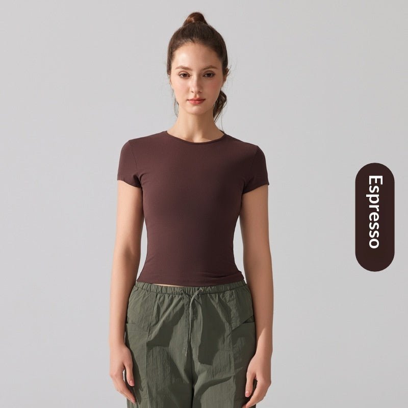T-shirt de yoga décontracté à manches courtes, col rond, respirant et séchage rapide - IVOIRART.COM