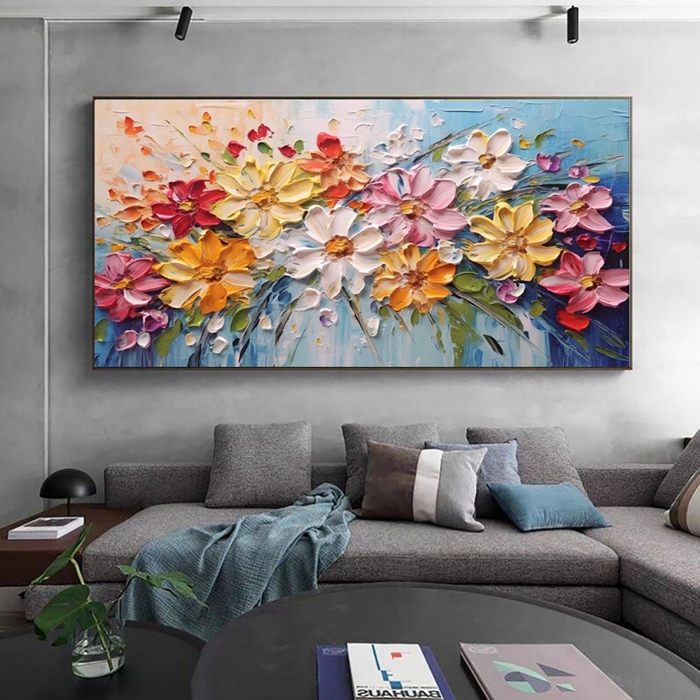Tableau floral printanier coloré sur toile épaisse peint à la main, huile déco!! - IVOIRART.COM