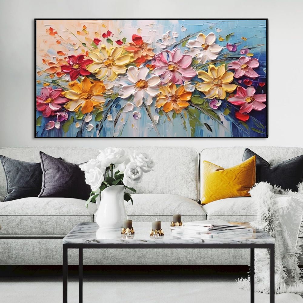 Tableau floral printanier coloré sur toile épaisse peint à la main, huile déco!! - IVOIRART.COM