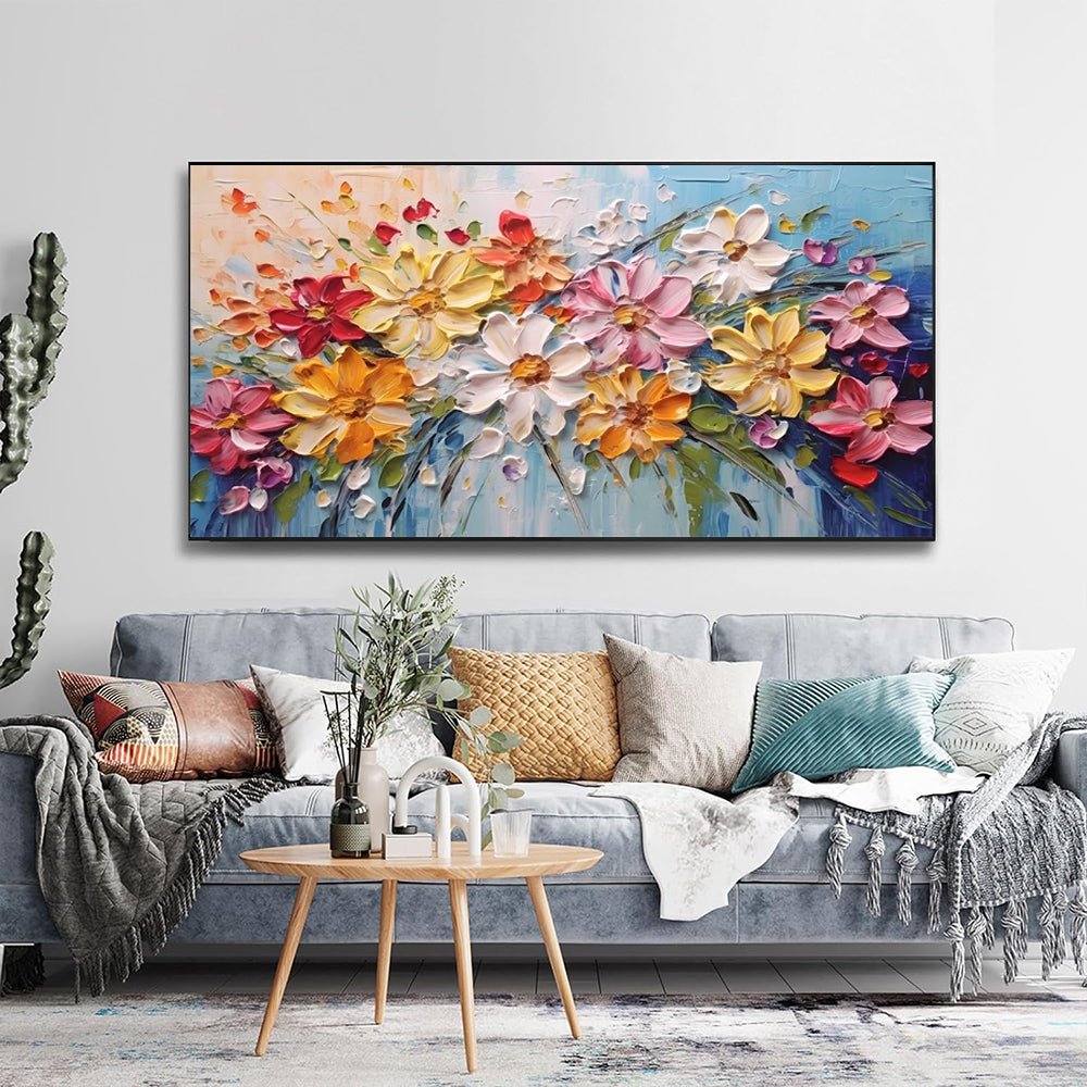 Tableau floral printanier coloré sur toile épaisse peint à la main, huile déco!! - IVOIRART.COM