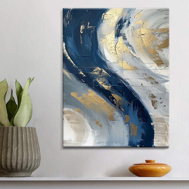 Tableau huile abstrait fait main - Doré et bleu minimaliste sur toile sans cadre - IVOIRART.COM