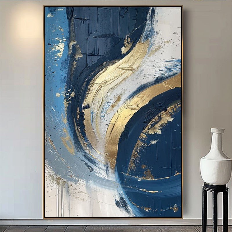 Tableau huile abstrait fait main - Doré et bleu minimaliste sur toile sans cadre - IVOIRART.COM