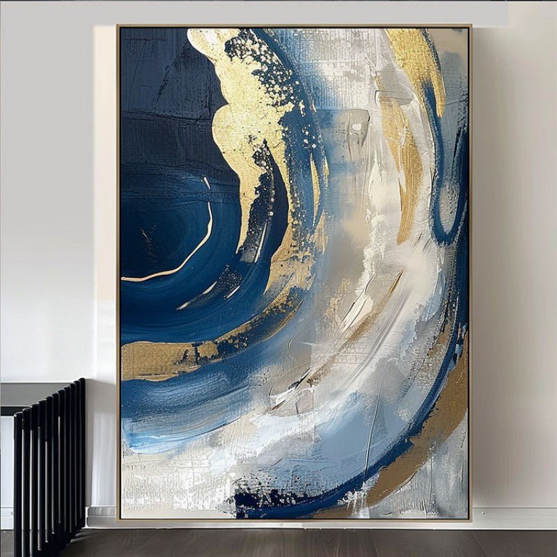 Tableau huile abstrait fait main - Doré et bleu minimaliste sur toile sans cadre - IVOIRART.COM