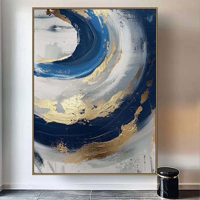 Tableau huile abstrait fait main - Doré et bleu minimaliste sur toile sans cadre - IVOIRART.COM
