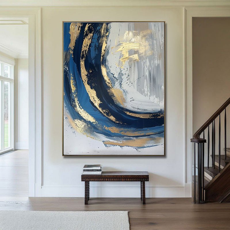 Tableau huile abstrait fait main - Doré et bleu minimaliste sur toile sans cadre - IVOIRART.COM