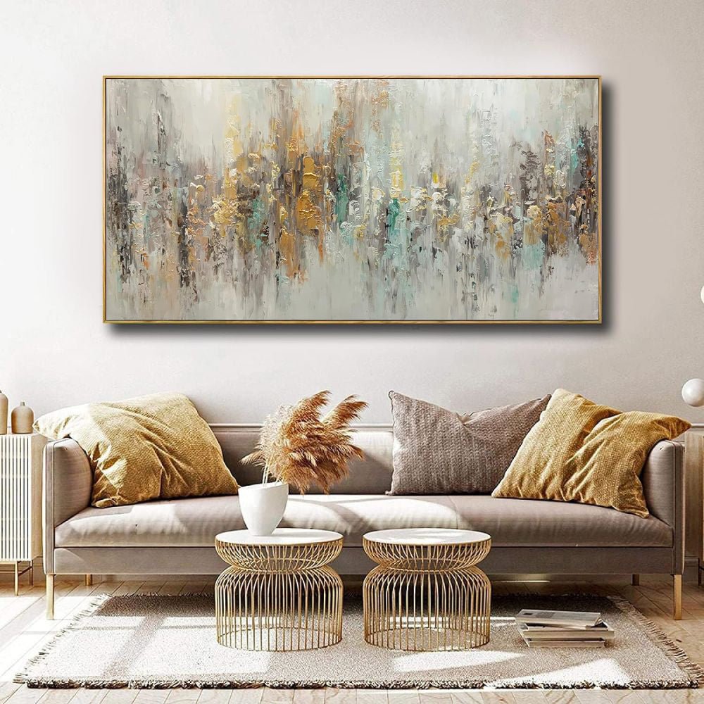 Tableau huile abstrait fait main sur toile luxe léger horizontal pour salon déco - IVOIRART.COM