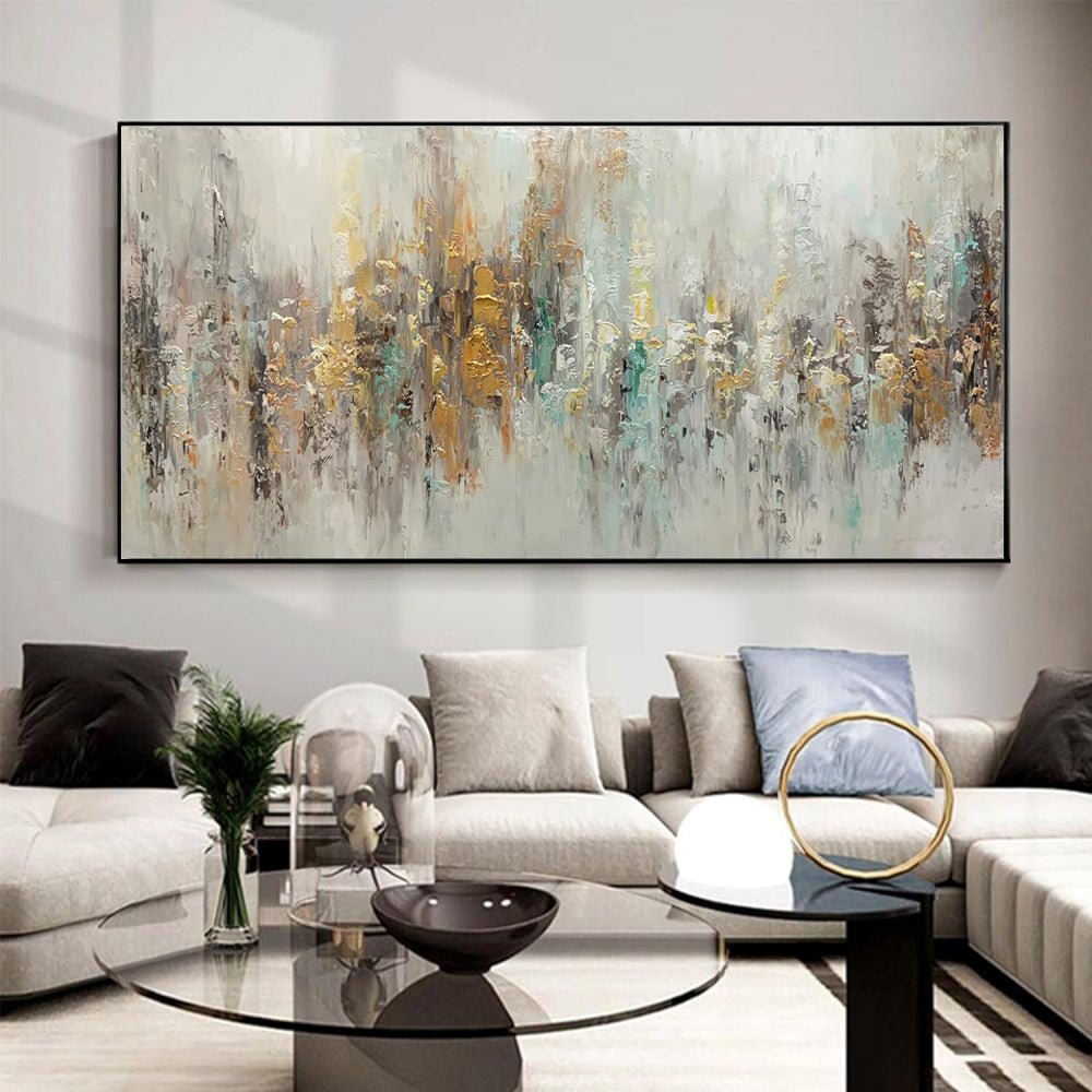 Tableau huile abstrait fait main sur toile luxe léger horizontal pour salon déco - IVOIRART.COM